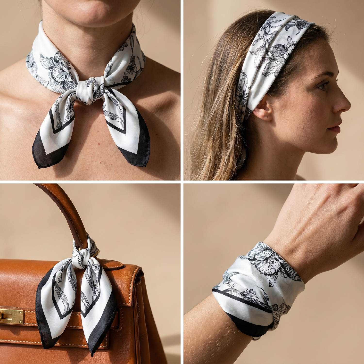 Roselys Paris foulard femme blanc noir baroque carré satiné 70x70 cm, en bandeau dans les cheveux