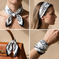 Roselys Paris foulard femme blanc noir baroque carré satiné 70x70 cm, en bandeau dans les cheveux