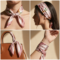 Roselys Paris foulard femme rose crème fleuri carré satiné 70x70 cm, en bandeau dans les cheveux