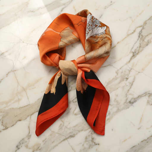 Roselys Paris foulard femme orange noir abstrait carré satiné 70x70 cm