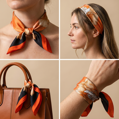 Roselys Paris foulard femme orange noir abstrait carré satiné 70x70 cm, en bandeau dans les cheveux