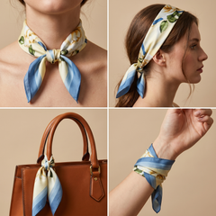 Roselys Paris foulard femme crème bleu fleuri carré satiné 70x70 cm, en bandeau dans les cheveux