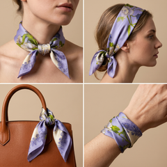 Roselys Paris foulard femme violet vert fleuri carré satiné 70x70 cm, en bandeau dans les cheveux