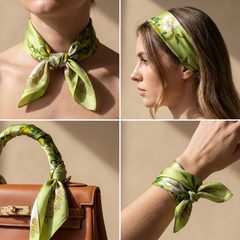 Roselys Paris foulard femme vert blanc fleuri carré satiné 70x70 cm, en bandeau dans les cheveux