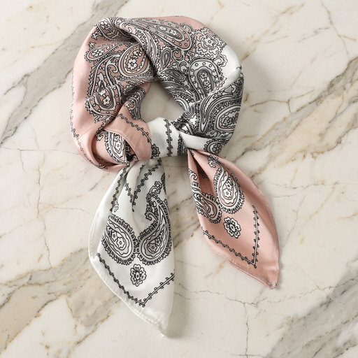 Roselys Paris foulard femme rose gris paisley carré satiné 70x70 cm