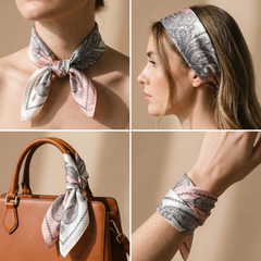 Roselys Paris foulard femme rose gris paisley carré satiné 70x70 cm, en bandeau dans les cheveux