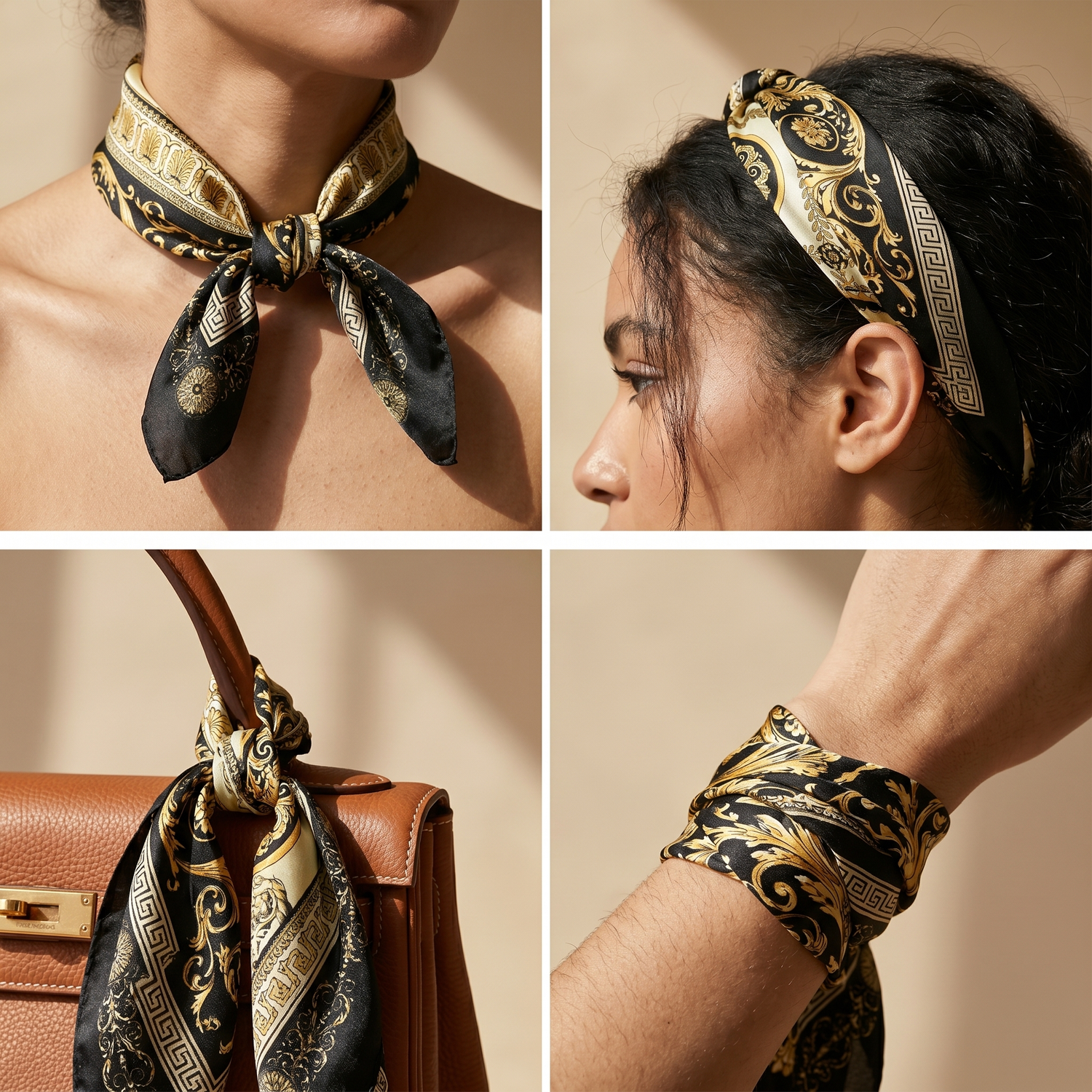 Roselys Paris foulard femme noir doré baroque carré satiné 70x70 cm, en bandeau dans les cheveux