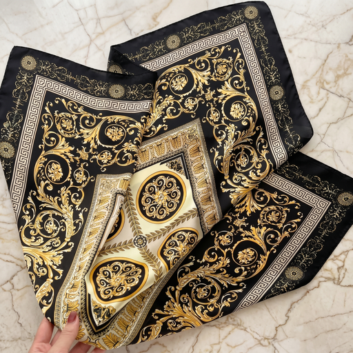 Roselys Paris foulard femme noir doré baroque carré satiné 70x70 cm