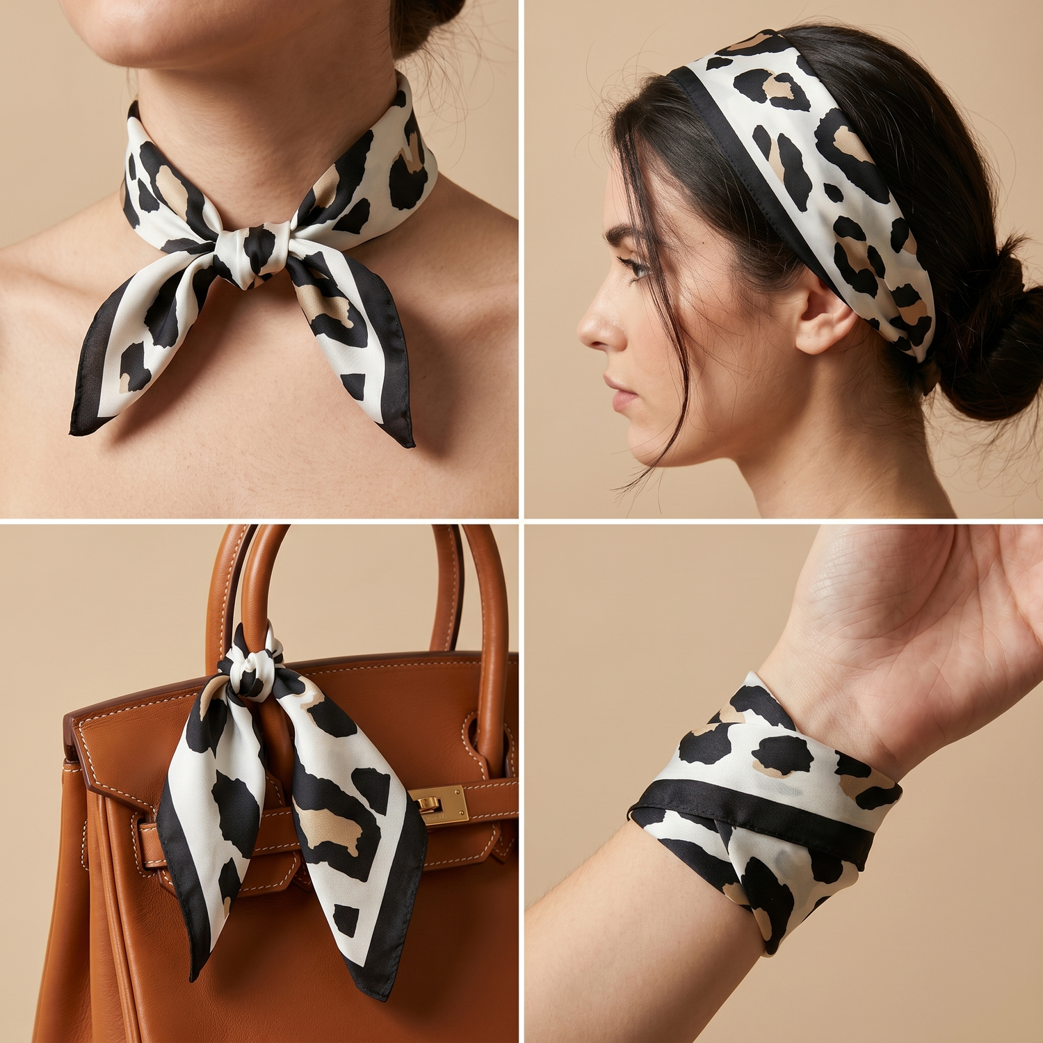 Roselys Paris foulard femme crème noir animalier carré satiné 70x70 cm, en bandeau dans les cheveux