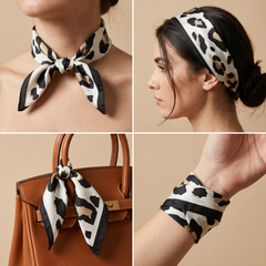 Roselys Paris foulard femme crème noir animalier carré satiné 70x70 cm, en bandeau dans les cheveux