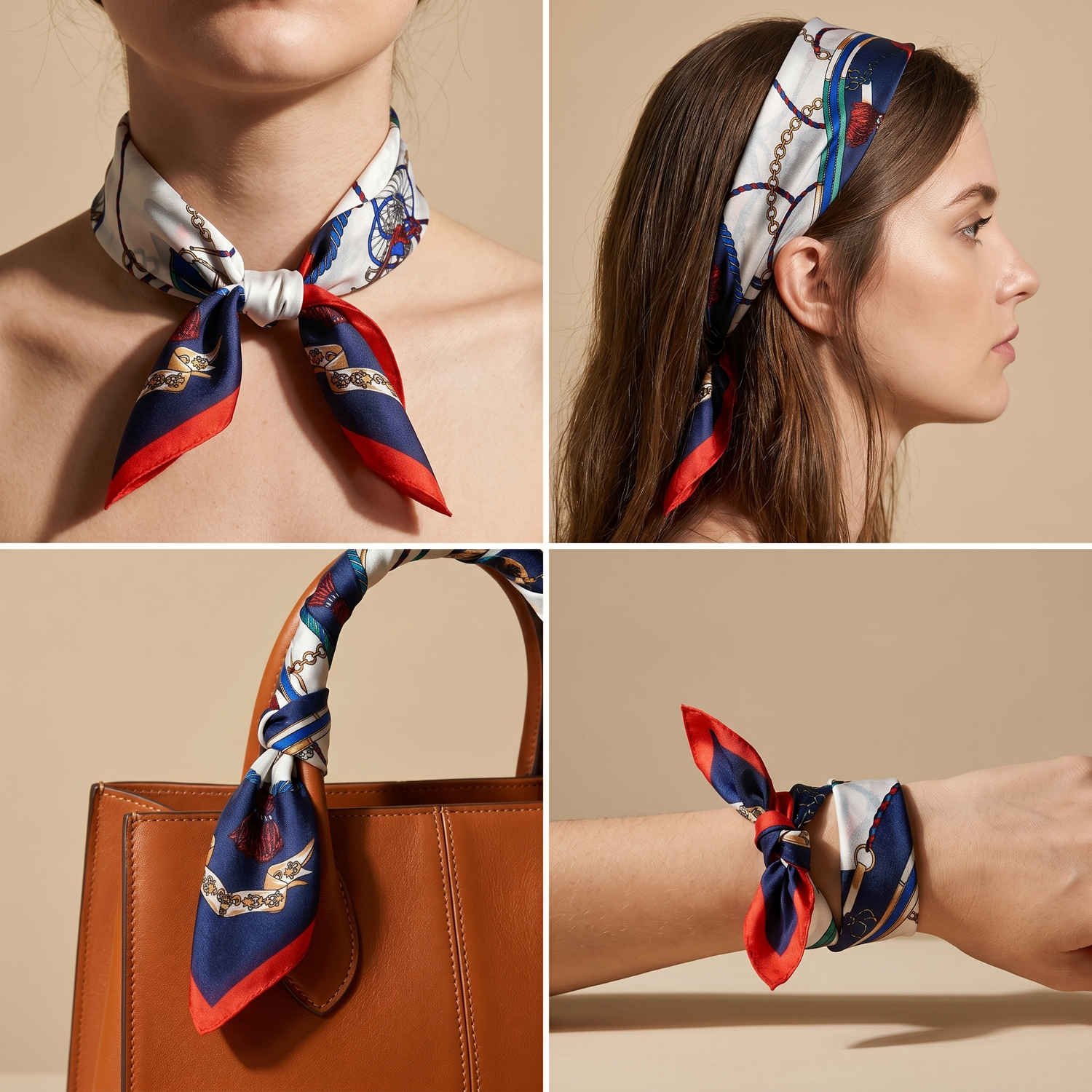 Roselys Paris foulard femme crème marine baroque carré satiné 70x70 cm, en bandeau dans les cheveux