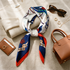 Roselys Paris foulard femme crème marine baroque carré satiné 70x70 cm, porté au cou