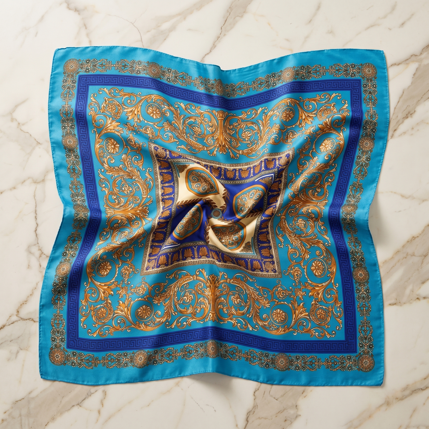 Roselys Paris foulard femme turquoise doré paisley carré satiné 70x70 cm