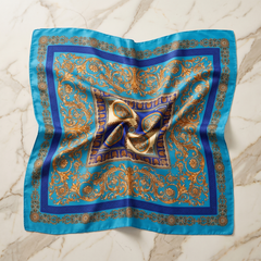 Roselys Paris foulard femme turquoise doré paisley carré satiné 70x70 cm