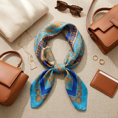 Roselys Paris foulard femme turquoise doré paisley carré satiné 70x70 cm, porté au cou