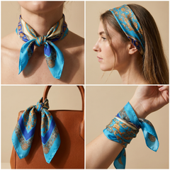Roselys Paris foulard femme turquoise doré paisley carré satiné 70x70 cm, en bandeau dans les cheveux
