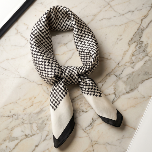 Roselys Paris foulard femme blanc noir carreaux carré satiné 70x70 cm