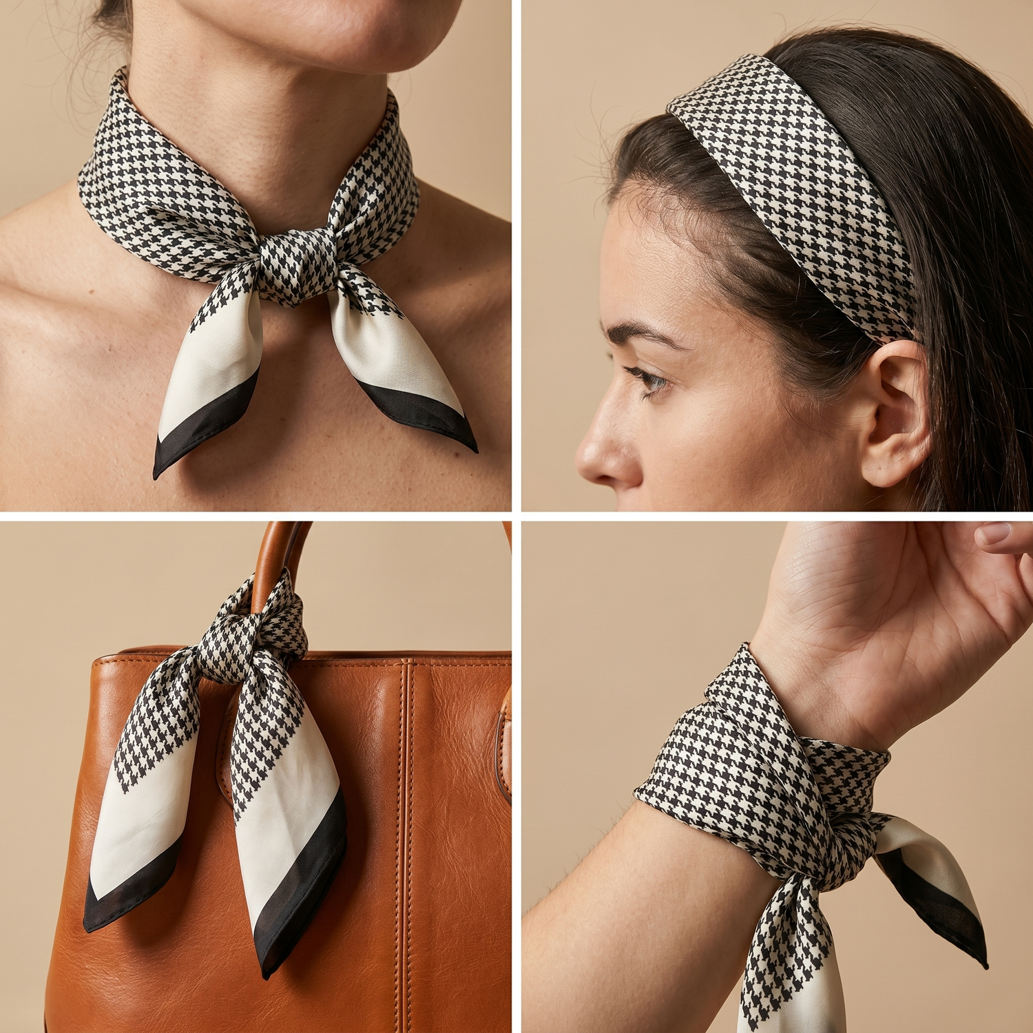 Roselys Paris foulard femme blanc noir carreaux carré satiné 70x70 cm, en bandeau dans les cheveux
