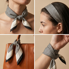 Roselys Paris foulard femme blanc noir carreaux carré satiné 70x70 cm, en bandeau dans les cheveux