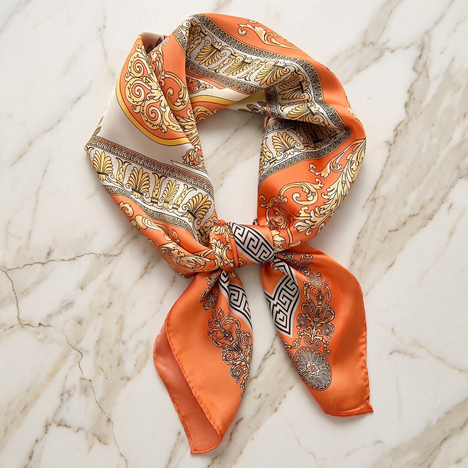 Roselys Paris foulard femme crème orange baroque carré satiné 70x70 cm