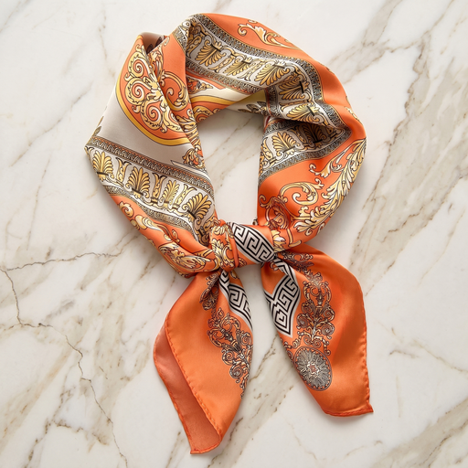 Roselys Paris foulard femme crème orange baroque carré satiné 70x70 cm