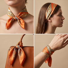 Roselys Paris foulard femme crème orange baroque carré satiné 70x70 cm, en bandeau dans les cheveux