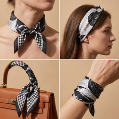 Roselys Paris foulard femme noir blanc carreaux carré satiné 70x70 cm, en bandeau dans les cheveux