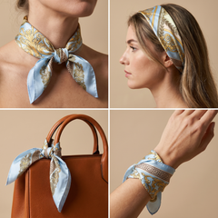 Roselys Paris foulard femme crème bleu ciel paisley carré satiné 70x70 cm, en bandeau dans les cheveux