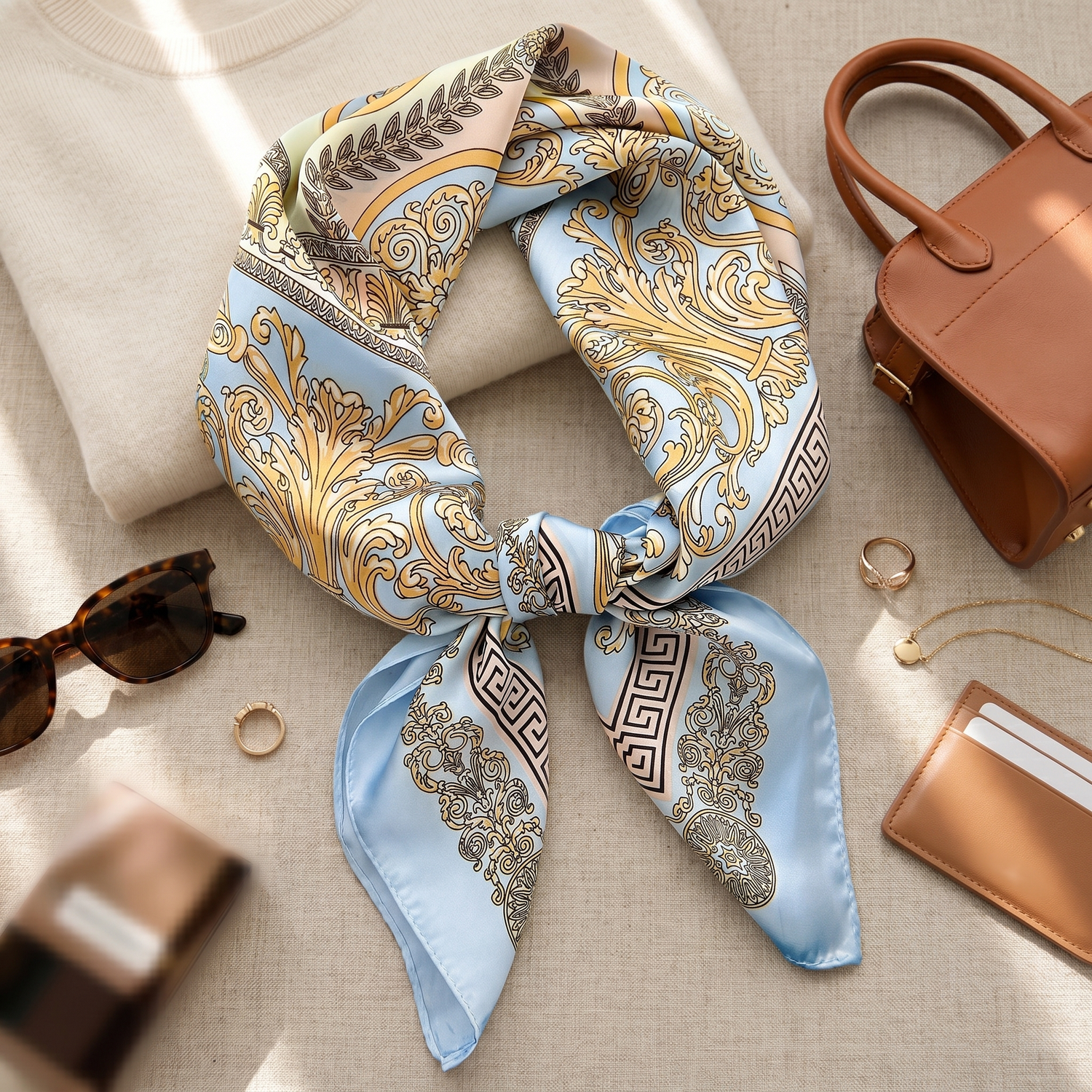 Roselys Paris foulard femme crème bleu ciel paisley carré satiné 70x70 cm, porté au cou