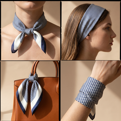 Roselys Paris foulard femme marine blanc carreaux carré satiné 70x70 cm, en bandeau dans les cheveux