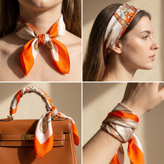 Roselys Paris foulard femme crème orange fleuri carré satiné 70x70 cm, en bandeau dans les cheveux
