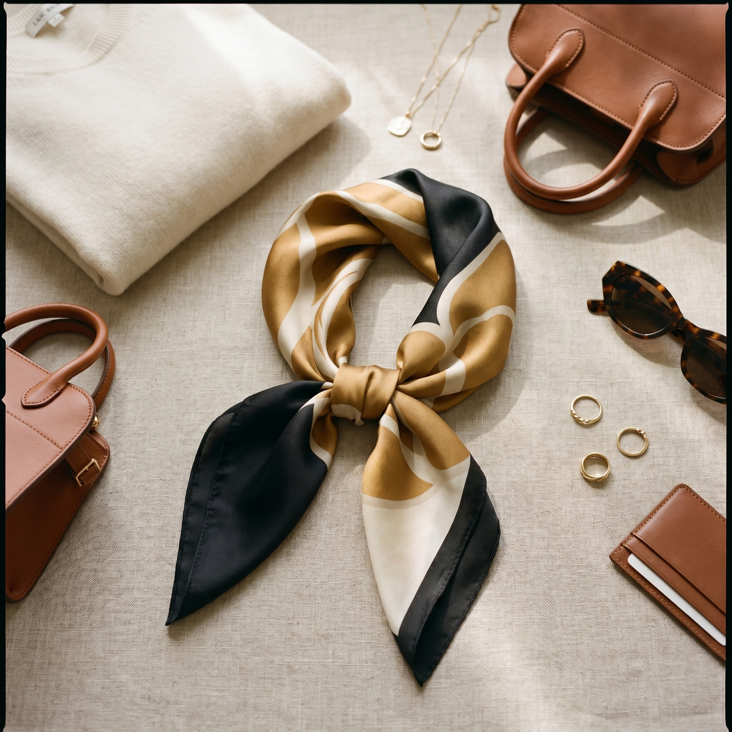 Roselys Paris foulard femme beige noir abstrait carré satiné 70x70 cm, porté au cou