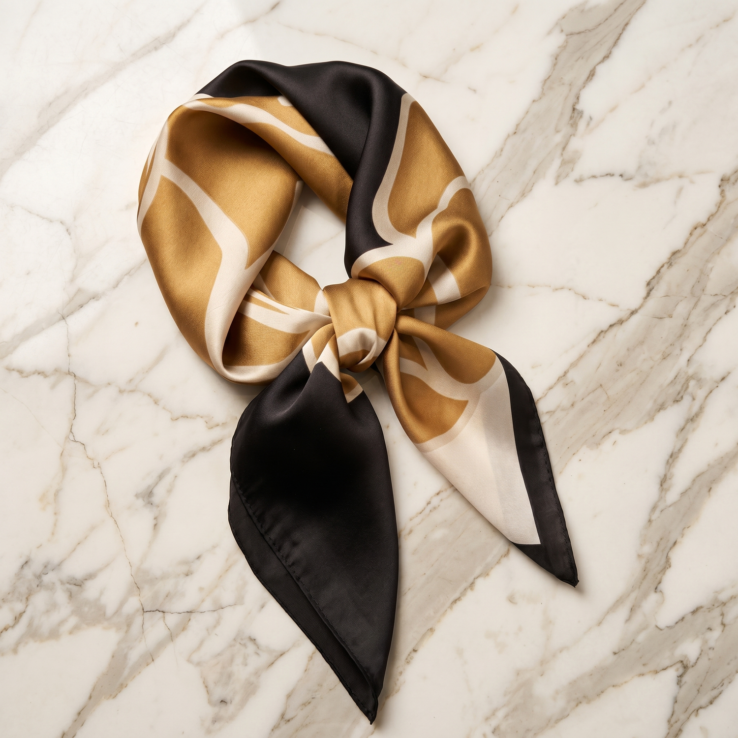 Roselys Paris foulard femme beige noir abstrait carré satiné 70x70 cm