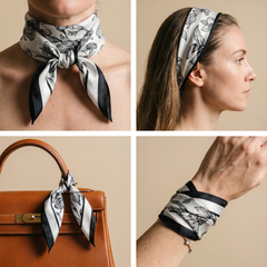 Roselys Paris foulard femme blanc marine fleuri carré satiné 70x70 cm, en bandeau dans les cheveux