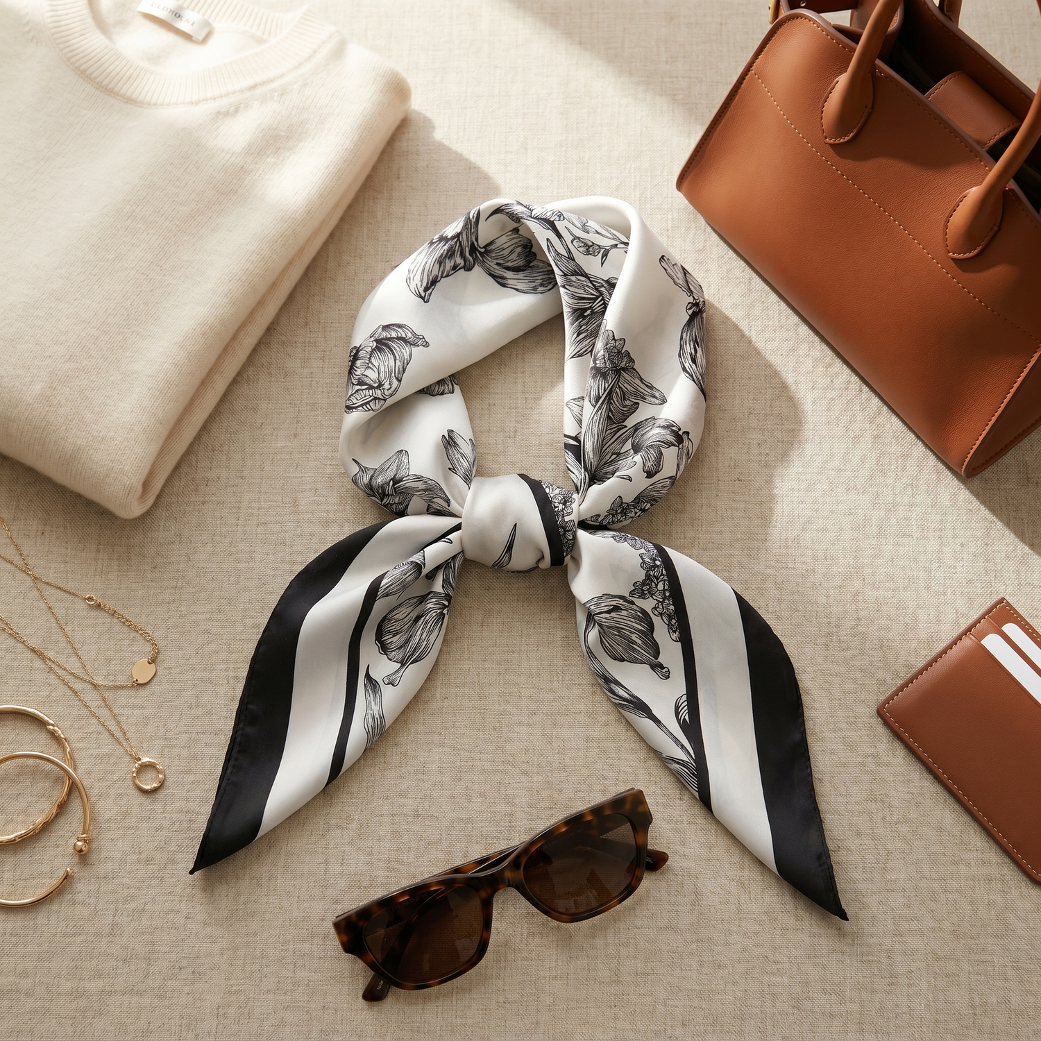 Roselys Paris foulard femme blanc marine fleuri carré satiné 70x70 cm, porté au cou
