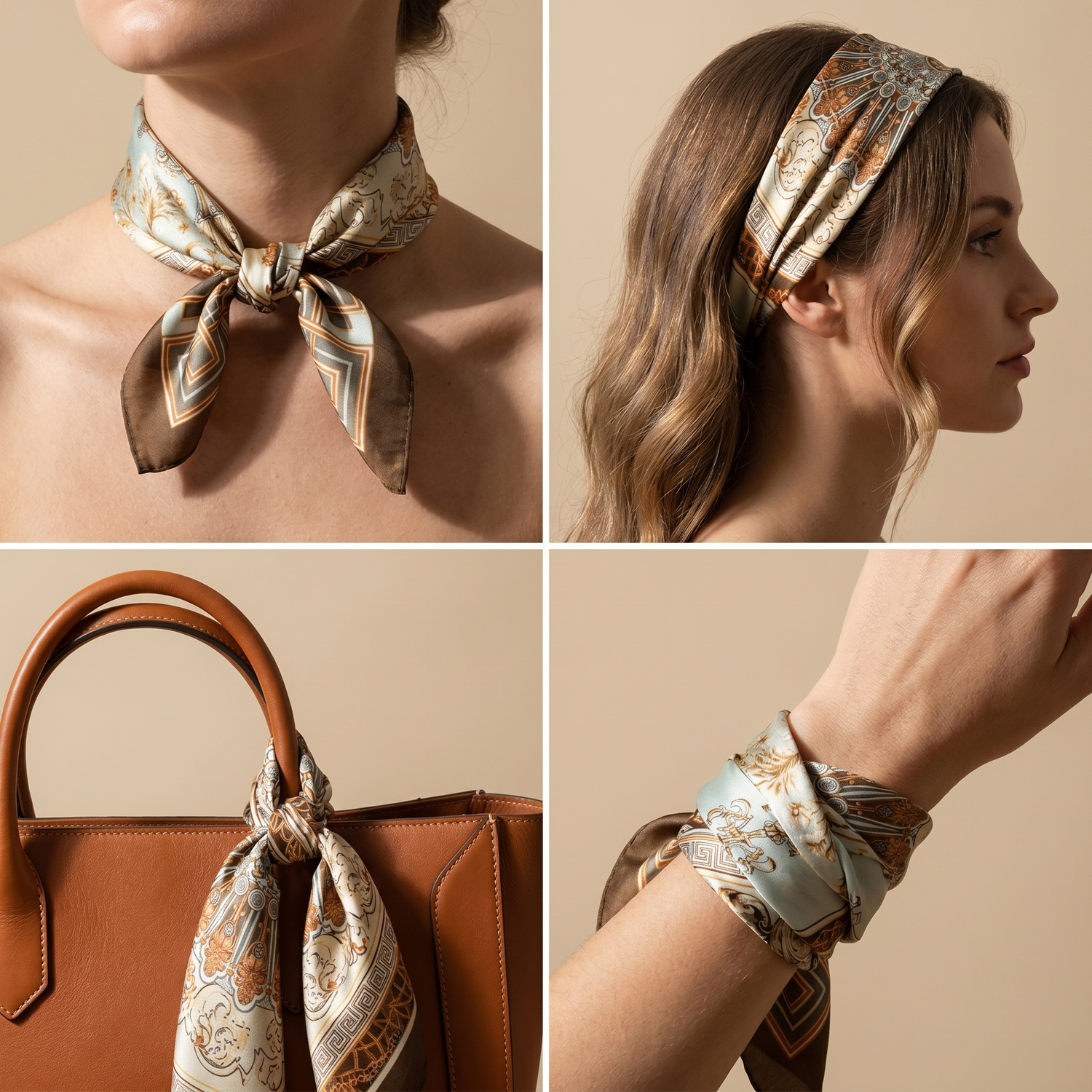 Roselys Paris foulard femme crème doré baroque carré satiné 70x70 cm, en bandeau dans les cheveux