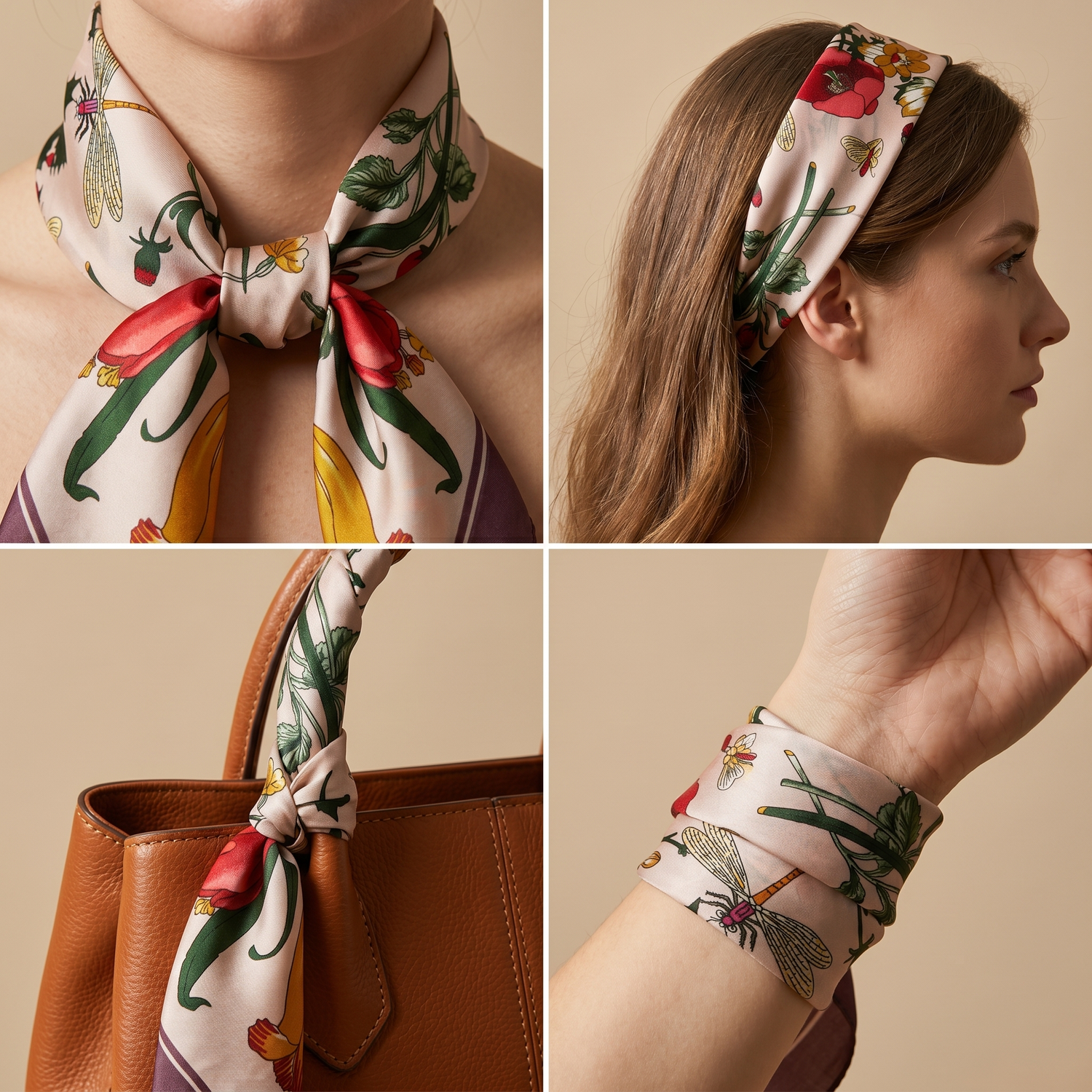 Roselys Paris foulard femme blanc violet fleuri carré satiné 70x70 cm, en bandeau dans les cheveux