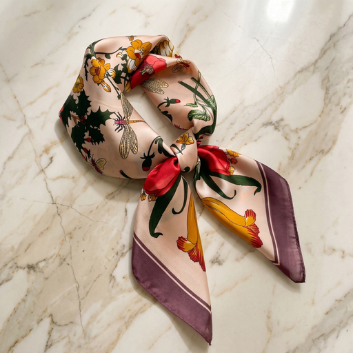 Roselys Paris foulard femme blanc violet fleuri carré satiné 70x70 cm