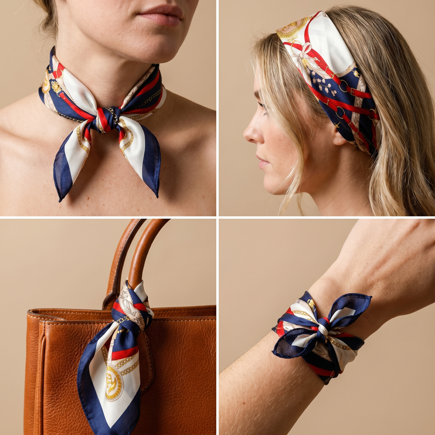 Roselys Paris foulard femme crème marine baroque carré satiné 70x70 cm, en bandeau dans les cheveux
