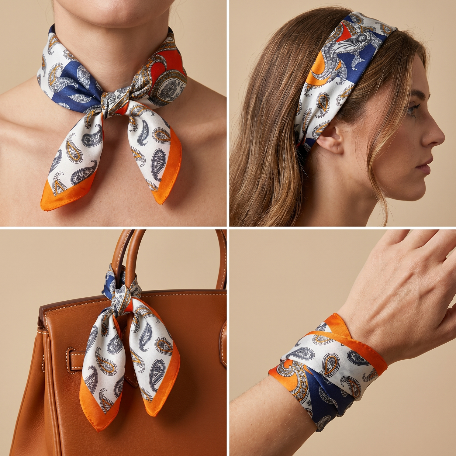 Roselys Paris foulard femme marine orange paisley carré satiné 70x70 cm, en bandeau dans les cheveux