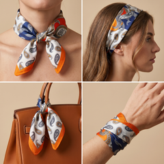 Roselys Paris foulard femme marine orange paisley carré satiné 70x70 cm, en bandeau dans les cheveux