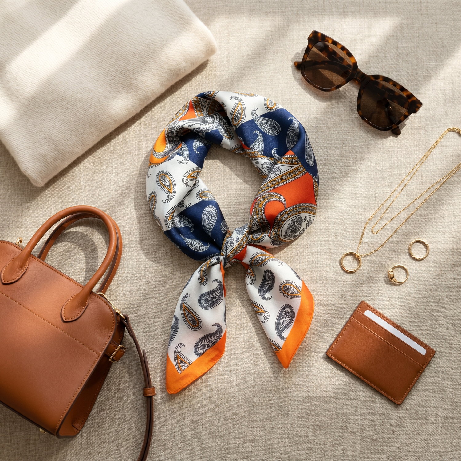 Roselys Paris foulard femme marine orange paisley carré satiné 70x70 cm, porté au cou