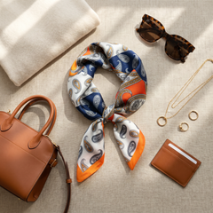 Roselys Paris foulard femme marine orange paisley carré satiné 70x70 cm, porté au cou