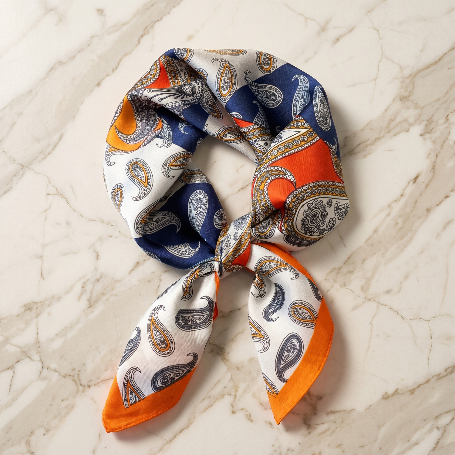 Roselys Paris foulard femme marine orange paisley carré satiné 70x70 cm
