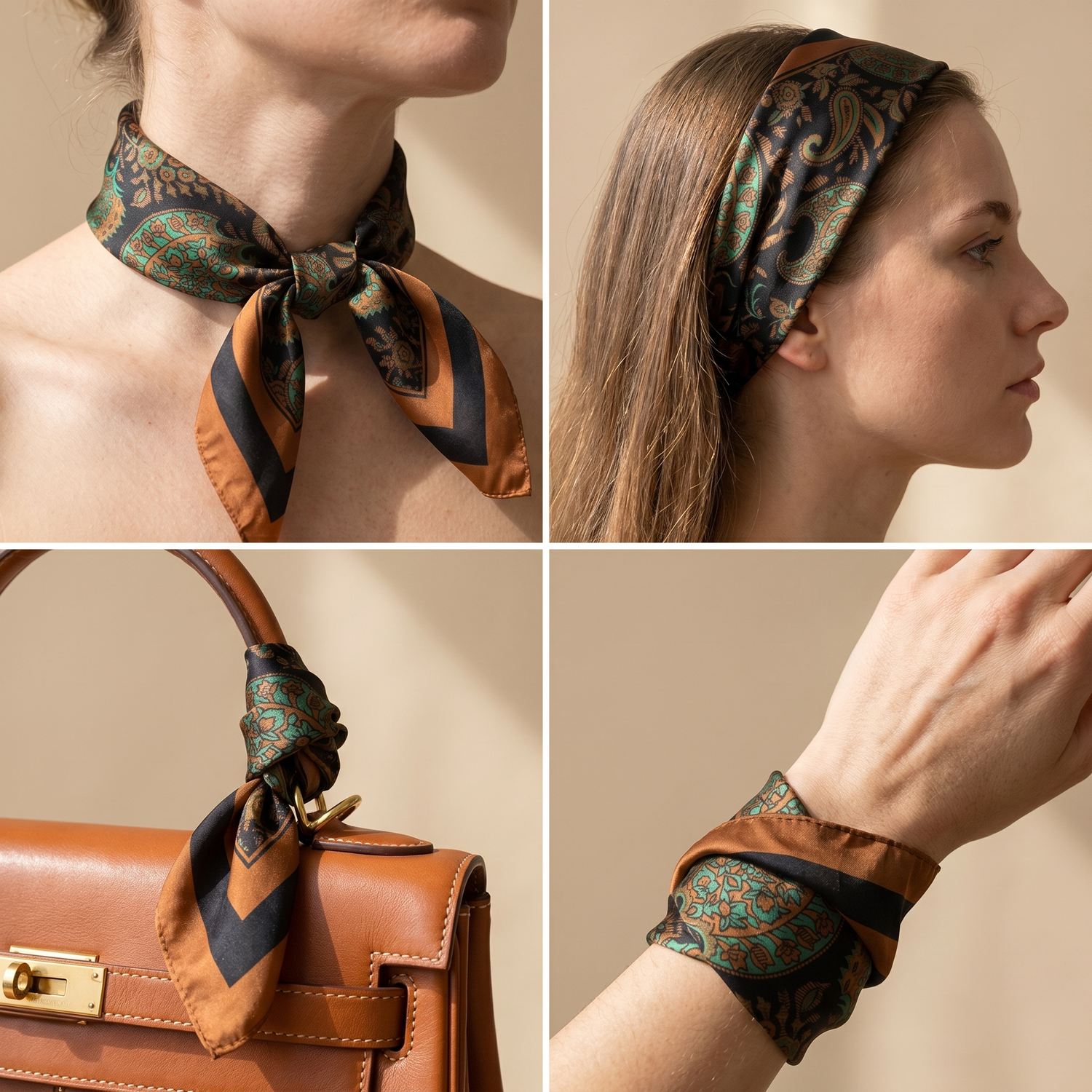 Roselys Paris foulard femme marron orange baroque carré satiné 70x70 cm, en bandeau dans les cheveux