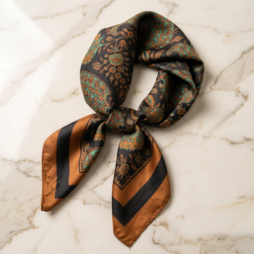 Roselys Paris foulard femme marron orange baroque carré satiné 70x70 cm