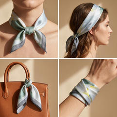 Roselys Paris foulard femme gris vert fleuri carré satiné 70x70 cm, en bandeau dans les cheveux