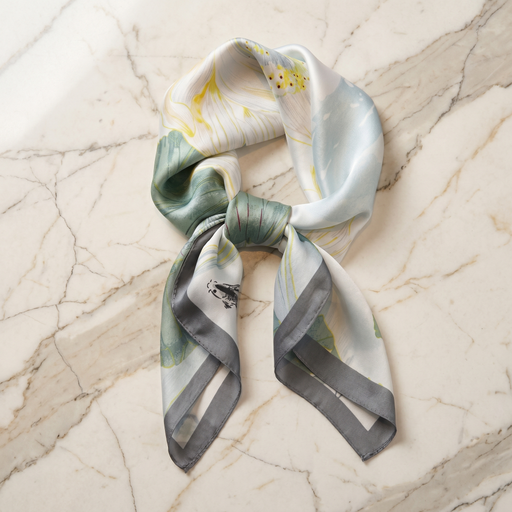 Roselys Paris foulard femme gris vert fleuri carré satiné 70x70 cm