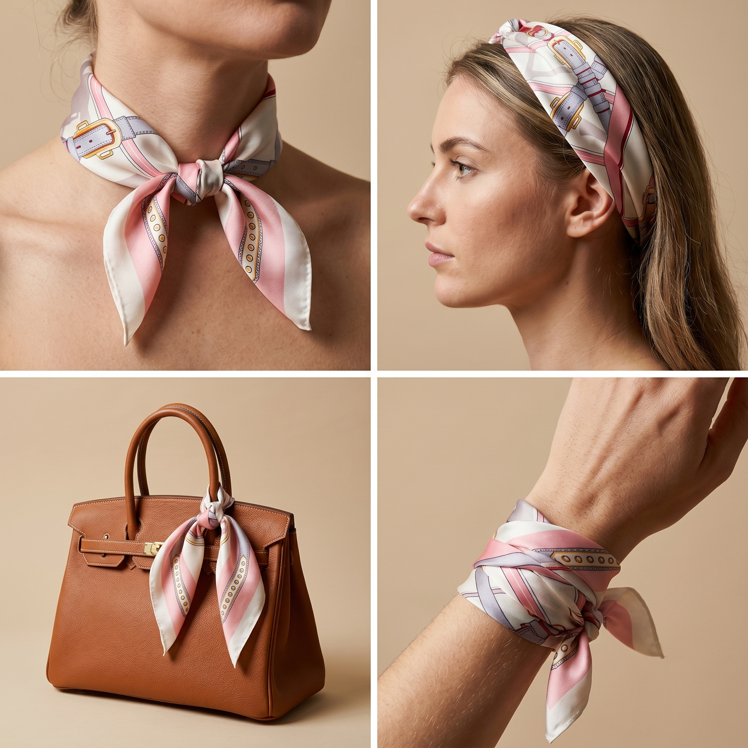Roselys Paris foulard femme blanc rose fleuri carré satiné 70x70 cm, en bandeau dans les cheveux