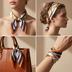 Roselys Paris foulard femme crème orange baroque carré satiné 70x70 cm, en bandeau dans les cheveux